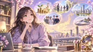 「「どんな日本にしたいですか⁉️」「楽しい日本にしたーい」ってそんなの幼稚園児が言う事ですけどね」を題材にした架空の成人人物のアニメ風イラスト
