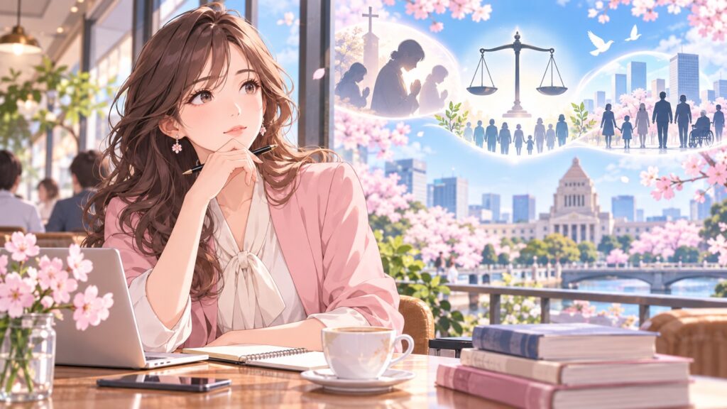 「宗教は信仰の自由と密接に結びついていますが、それが社会に害を及ぼすならば、その在り方を問う事も必要です」を題材にした架空の成人人物のアニメ風イラスト