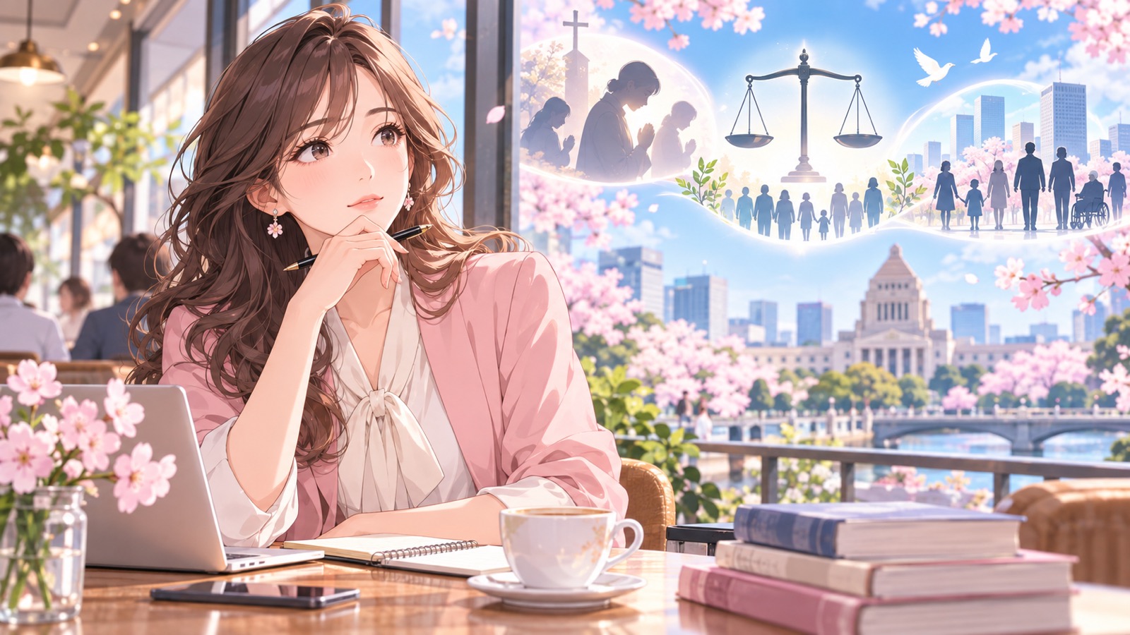 「宗教は信仰の自由と密接に結びついていますが、それが社会に害を及ぼすならば、その在り方を問う事も必要です」を題材にした架空の成人人物のアニメ風イラスト