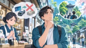 「土産店の現金返金は、善意とはいえ規約違反です」を題材にした架空の成人人物のアニメ風イラスト