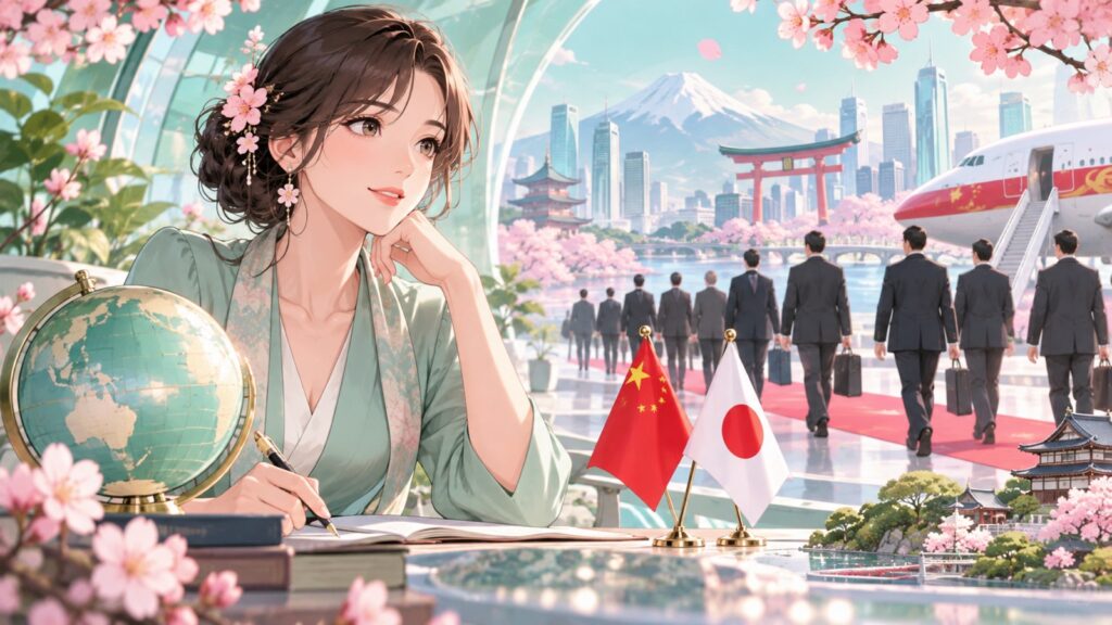 「面談を提案した中国が、習近平氏をトップとした外交団を引き連れて日本に来てください」を題材にした架空の成人人物のアニメ風イラスト