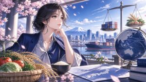 「今や４０％を切った我が国の自給率」を題材にした架空の成人人物のアニメ風イラスト