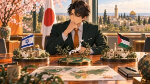 「日本は、この件だけはイスラエル・パレスチナのどちらにも肩入れしないほうが良い」を題材にした架空の成人人物のアニメ風イラスト