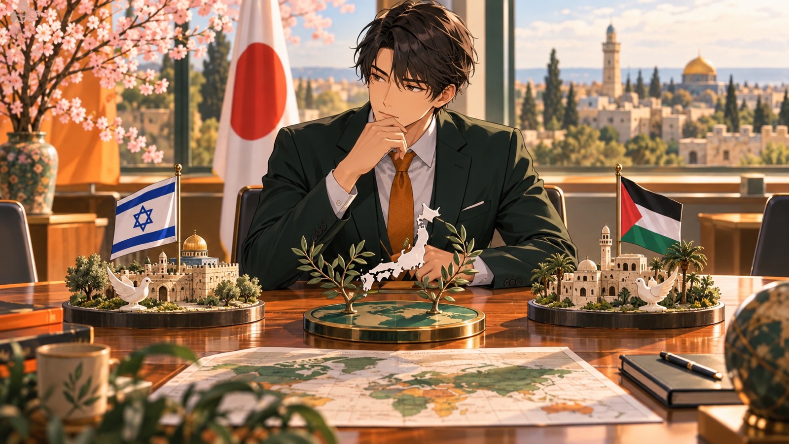 「日本は、この件だけはイスラエル・パレスチナのどちらにも肩入れしないほうが良い」を題材にした架空の成人人物のアニメ風イラスト