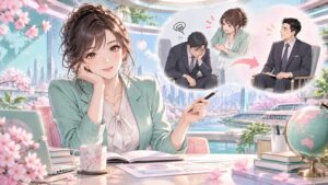 「もう少し肩の力を抜いて、信頼出来る部下のマナーや言葉使いに関する助言を取り入れた方が良いと思いますけどね」を題材にした架空の成人人物のアニメ風イラスト