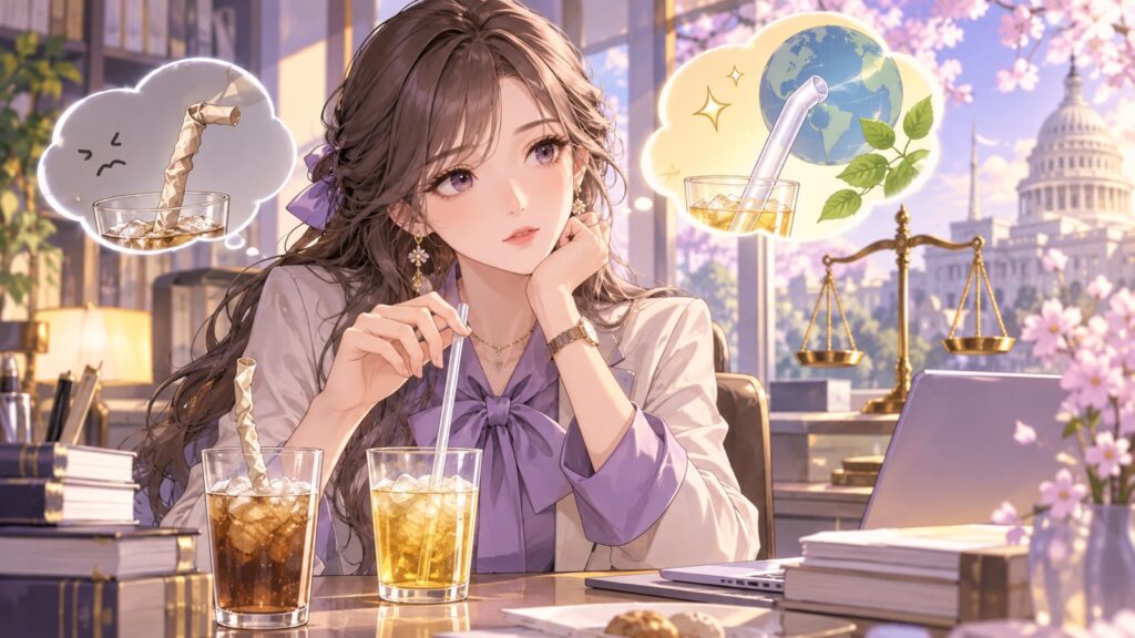 「紙ストローは不味すぎてあまり使った事が無いです」を題材にした架空の成人人物のアニメ風イラスト