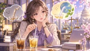 「紙ストローは不味すぎてあまり使った事が無いです」を題材にした架空の成人人物のアニメ風イラスト