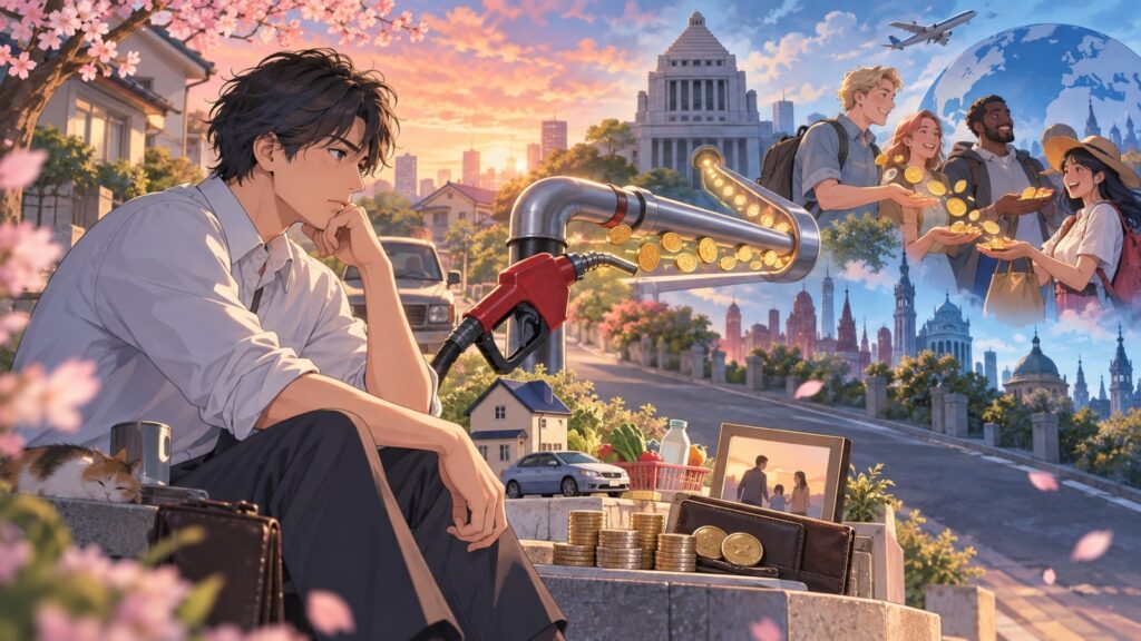 「日本人から搾り取って外国人にばら撒く」を題材にした架空の成人人物のアニメ風イラスト