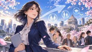 「景気の回復がそのまま少子高齢化の対策にもなるのでは」を題材にした架空の成人人物のアニメ風イラスト