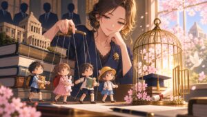 「政府はそれを恐れて子どもたちをいつまでも子どもにしておきたいように、私には見えるのですけどね」を題材にした架空の成人人物のアニメ風イラスト