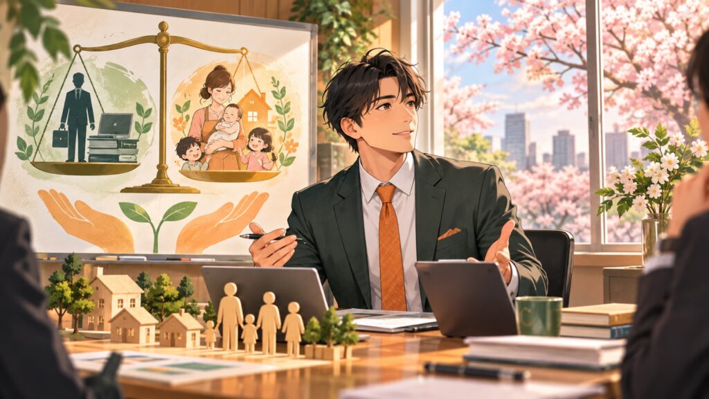 「3人以上産んだら夫婦のどちらかが働か無くてもいいくらいの助成があれば良いかもしれないですよね」を題材にした架空の成人人物のアニメ風イラスト