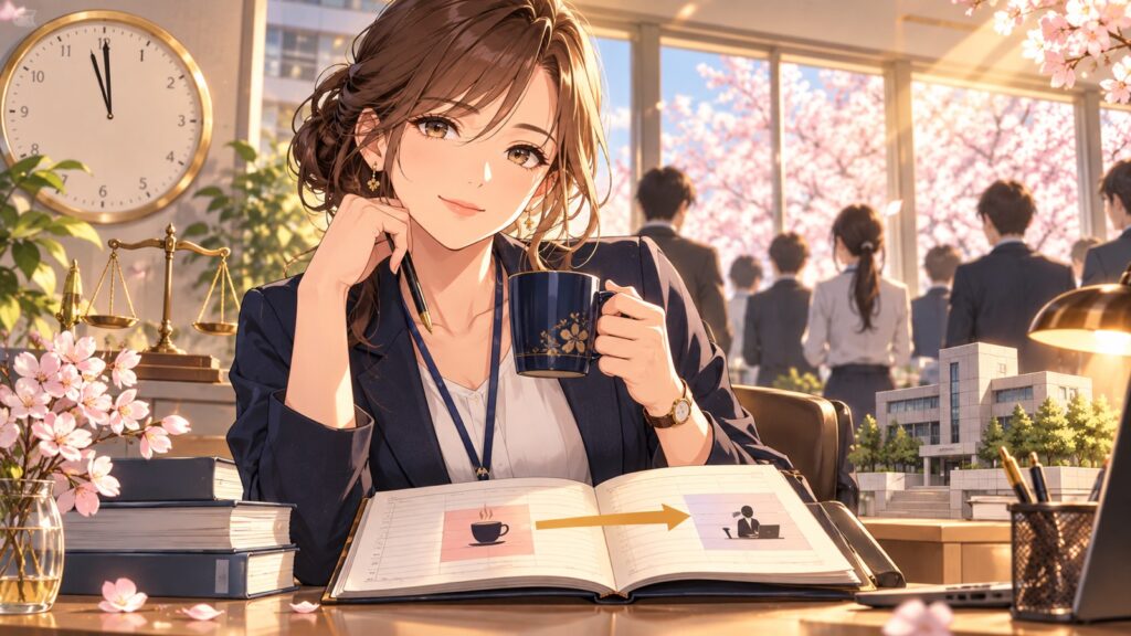 「業務前に準備時間が必要なのであれば、その準備時間を業務時間に組み込む事にすれば全く問題がありません」を題材にした架空の成人人物のアニメ風イラスト