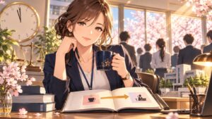 「業務前に準備時間が必要なのであれば、その準備時間を業務時間に組み込む事にすれば全く問題がありません」を題材にした架空の成人人物のアニメ風イラスト