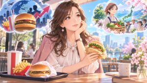 「モスバーガーが日本企業でマックが外資であることを考えると、マックを買う理由がなくなってしまいますね」を題材にした架空の成人人物のアニメ風イラスト