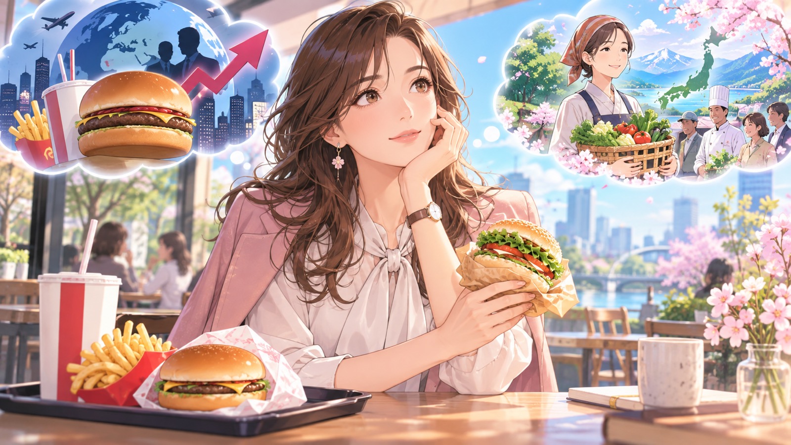 「モスバーガーが日本企業でマックが外資であることを考えると、マックを買う理由がなくなってしまいますね」を題材にした架空の成人人物のアニメ風イラスト