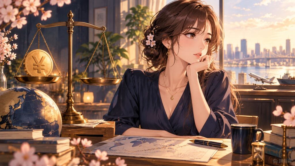 「円「だけが」売られてる」を題材にした架空の成人人物のアニメ風イラスト