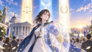 民主主義の柱と透明な盾を守る架空の成人女性リーダーのアニメ風イラスト