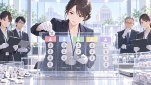 党員名簿と総裁選の公平性を監査する架空の成人女性監査官のアニメ風イラスト