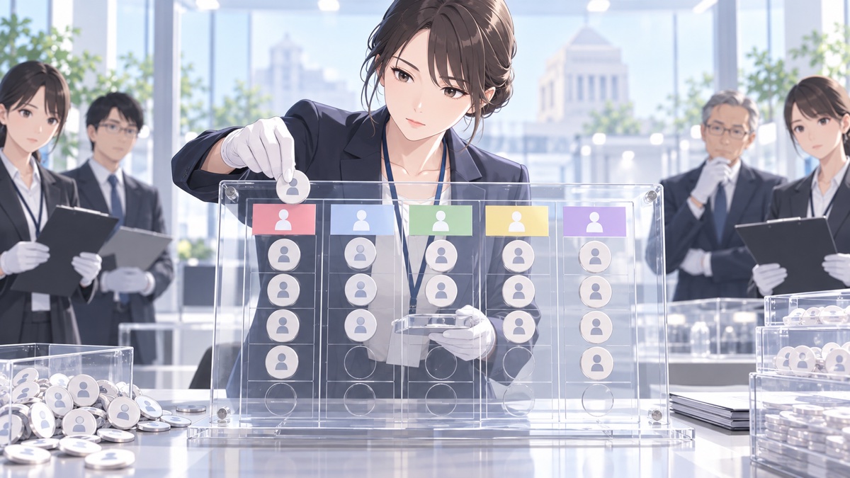 党員名簿と総裁選の公平性を監査する架空の成人女性監査官のアニメ風イラスト