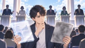 指導者候補の信頼と説明責任を見極める架空の成人男性有権者のアニメ風イラスト