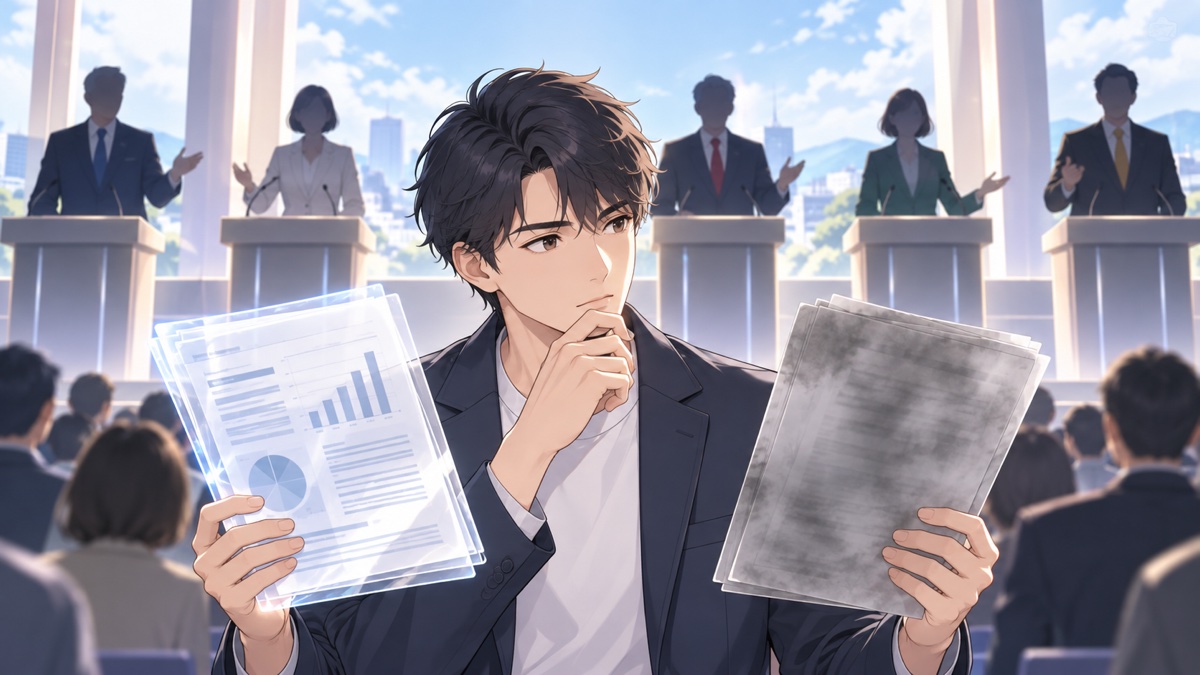 指導者候補の信頼と説明責任を見極める架空の成人男性有権者のアニメ風イラスト