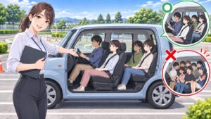 軽自動車の定員とシートベルトの安全を説明する架空の成人女性指導員のアニメ風イラスト