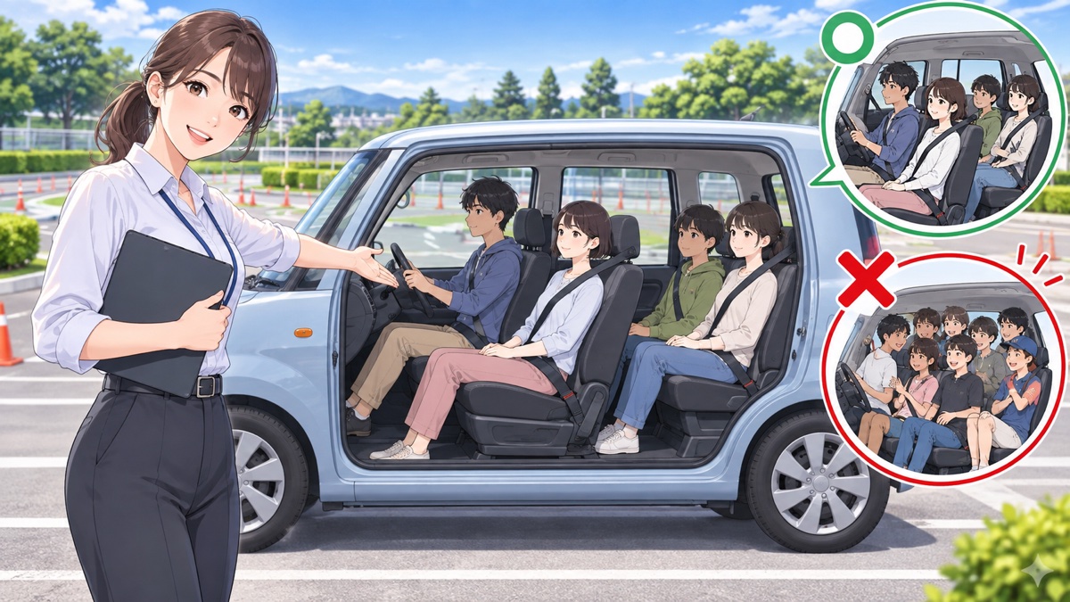 軽自動車の定員とシートベルトの安全を説明する架空の成人女性指導員のアニメ風イラスト