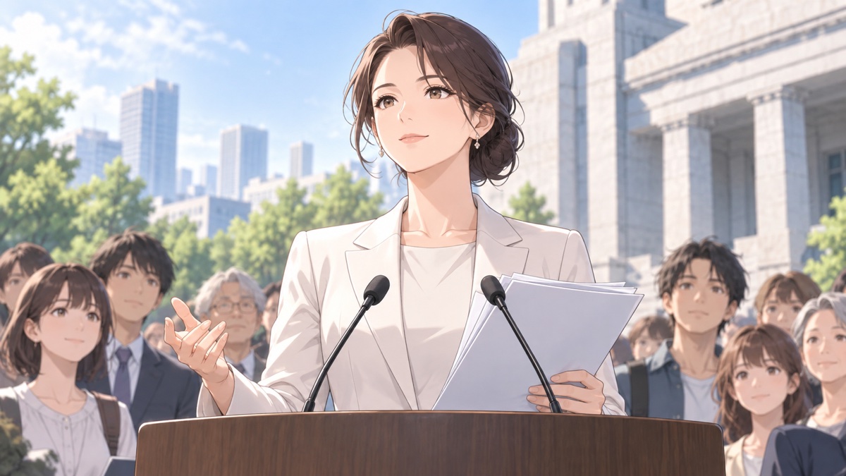 政策と実力で選ばれた架空の成人女性指導者が市民の前に立つアニメ風イラスト