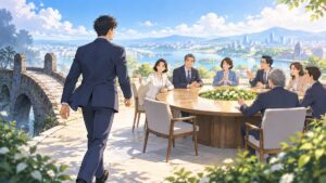 古い連立から政策ごとの超党派協議へ進む架空の成人男性政治家のアニメ風イラスト