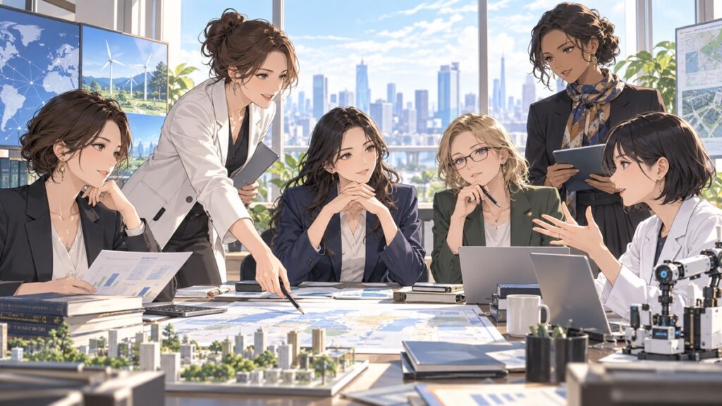 能力本位で選ばれた架空の成人女性専門家たちが協働するアニメ風イラスト