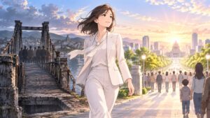 連立解消を恐れず自立した責任政治へ進む架空の成人女性リーダーのアニメ風イラスト