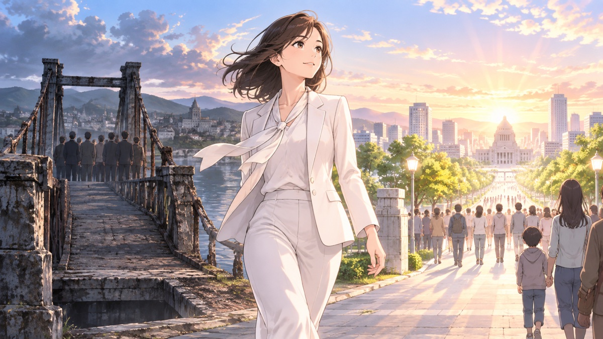 連立解消を恐れず自立した責任政治へ進む架空の成人女性リーダーのアニメ風イラスト