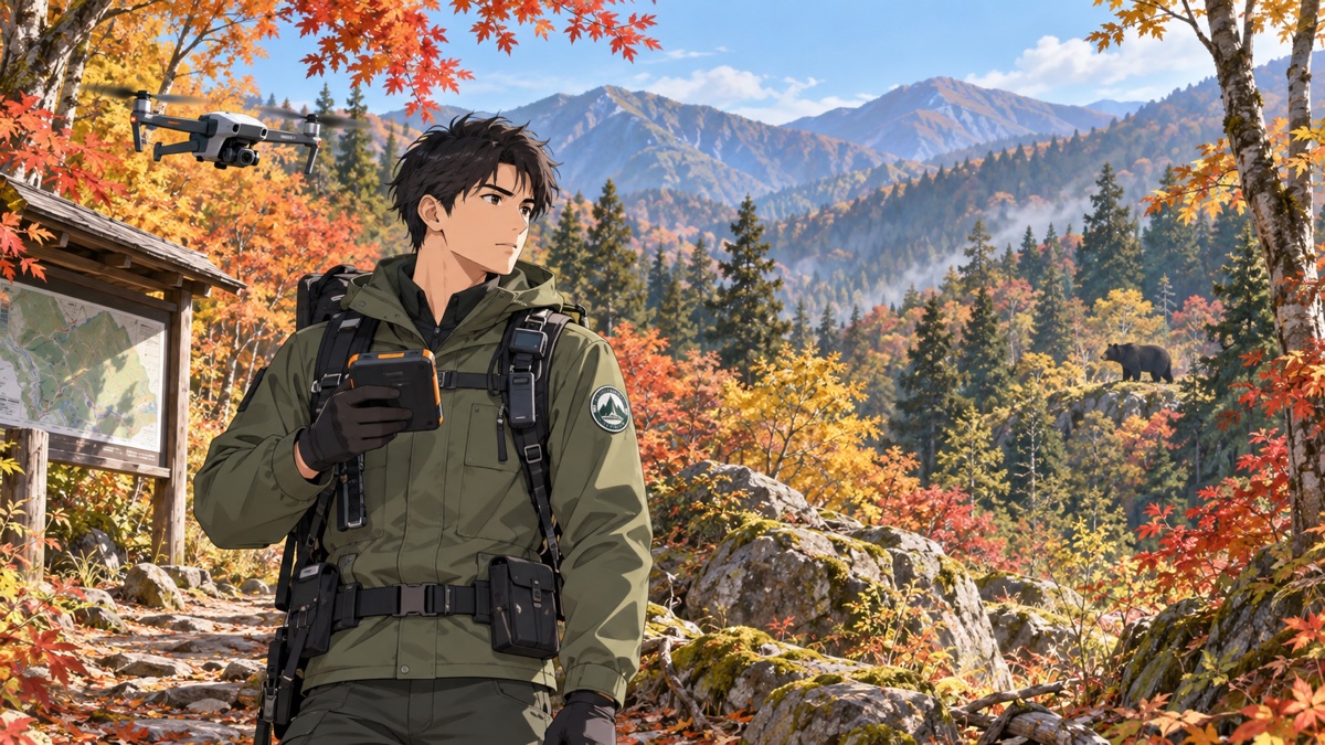 秋の山林でドローンとGPSを使い熊対策する架空の成人男性レンジャーのアニメ風イラスト