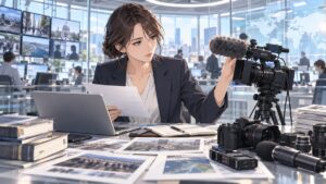 報道機関の説明責任と情報源を検証する架空の成人女性記者のアニメ風イラスト