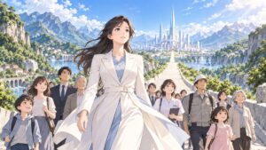 保守本流の堅固な道を市民と歩む架空の成人女性リーダーのアニメ風イラスト