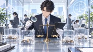 政治資金の透明性と自浄能力を監査する架空の成人男性監査人のアニメ風イラスト