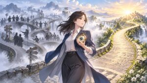 数合わせの政権より安定した道を羅針盤で選ぶ架空の成人女性政策家のアニメ風イラスト