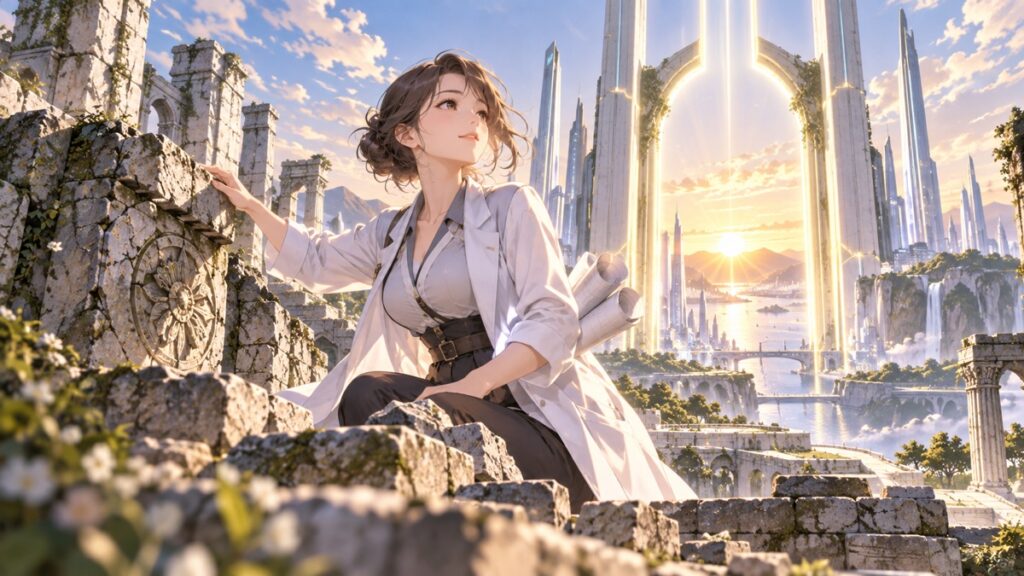 戦後体制から脱却し主権の土台を再構築する架空の成人女性研究者のアニメ風イラスト