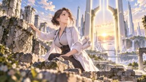 戦後体制から脱却し主権の土台を再構築する架空の成人女性研究者のアニメ風イラスト