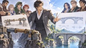 理念の違う勢力を数だけで結ぶ危うさを橋で表す架空の成人男性のアニメ風イラスト