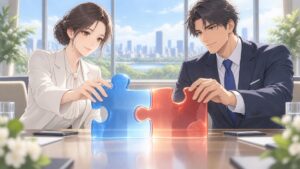 二つの政治勢力の連携をパズルで表す架空の成人男女のアニメ風イラスト