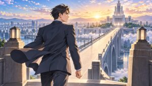 連立参加という高リスクの橋を進む架空の成人男性リーダーのアニメ風イラスト