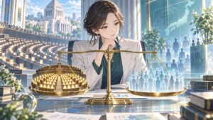比例代表議席と民意の公平性を天秤で考える架空の成人女性分析官のアニメ風イラスト