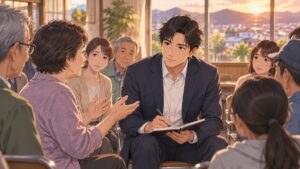 地域住民の声に寄り添い耳を傾ける架空の成人男性政治家のアニメ風イラスト