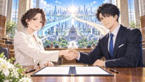 国家観と実行力を合意で結ぶ架空の成人男女リーダーのアニメ風イラスト