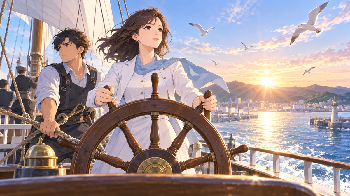 新政権の船出を舵取りする架空の成人女性リーダーのアニメ風イラスト