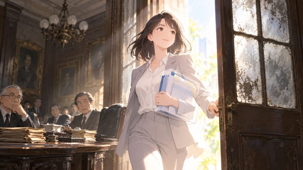 古い政治文化の扉を開き透明な改革へ進む架空の成人女性改革者のアニメ風イラスト