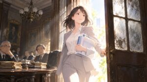 古い政治文化の扉を開き透明な改革へ進む架空の成人女性改革者のアニメ風イラスト