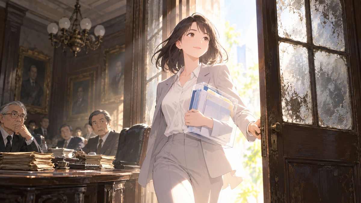 古い政治文化の扉を開き透明な改革へ進む架空の成人女性改革者のアニメ風イラスト