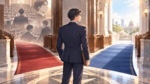 与党から野党へ立場が変わり新しい道を選ぶ架空の成人男性政治家のアニメ風イラスト